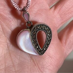 Vintage Art Deco Pink MOP Marcasite Sterling Silver Heart Pendant Necklace